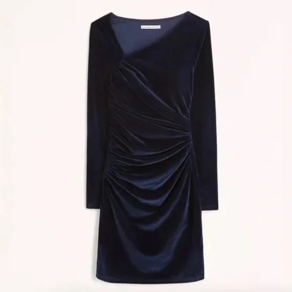 NWT Abercrombie & Fitch Asymmetric Long Sleeved Velvet Mini Dress- Navy Small - Picture 1 of 6